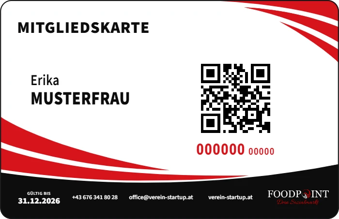 So sieht die FOODPOINT Mitgliedskarte aus: Name, Kartennummer mit QR-Code und Gültigkeitsdatum